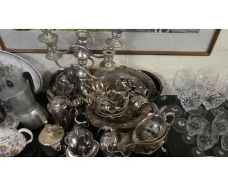 A Large Quantity of Silver Plate to Include Helmet Shaped Sugar Bowl, Five Branch Candelabra, Hot Water Jugs, Sauce Boats Etc