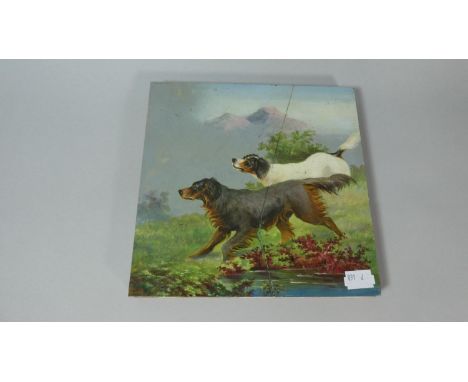 A Ceramic Hand Painted Tile Depicting Two Working Hounds, 27cm Square (AF) 