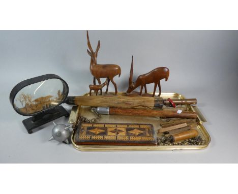 A Tray Containing Oriental Parasol, Oriental Diorama, Carved Wooden Pegs, Inlaid Cribbage Board 