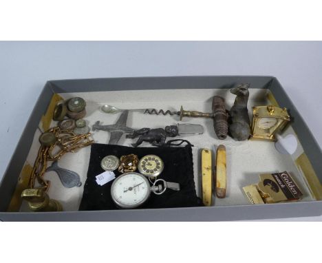 A Collection of Curios to Include Vintage Penknives, Corkscrew, Miniature Mantle Clock, Gold Painted Stag, Miniature Aircraft