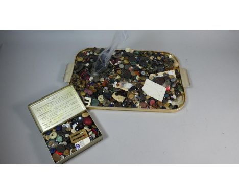 A Tray Containing a Large Quantity of Vintage Buttons Together with Ingot Tin 