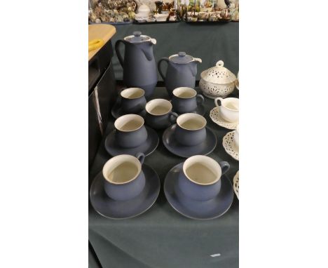 A Denby Stoneware Coffee Set Comprising Six Cups and Saucers, Two Coffee Pots and Cream Jug 