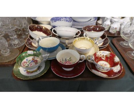 A Collection of Five Cabinet Cups and Saucers Together with Six Midwinder Soups and Stands 