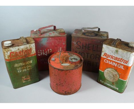 Two Vintage Metal Petrol Cans, Two Oil Cans and a Cylindrical Tin Container 
