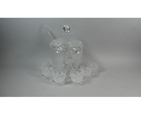 An Etched Glass Punch Bowl Set with Ladle and Six Cups 