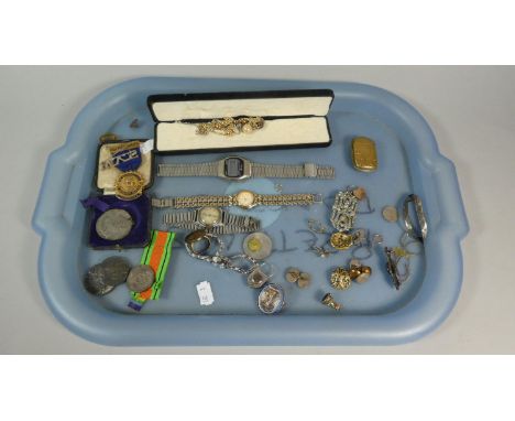 A Tray Containing Four Vintage Wrist Watches, Coronation Medals, Costume Jewellery, Micromosaic Brooch etc 