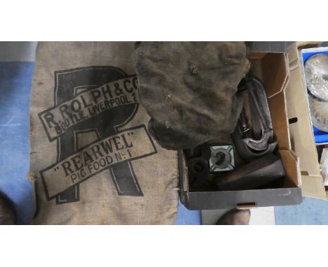 A Vintage Hessian Sack for Rearwel Pig Food Together with Various G Clamps, Tools etc 