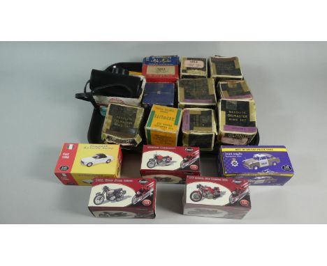 A Box Containing Various Vintage Oil Master Ring Sets, Five Diecast Car and Motorbike Models, Camera etc 