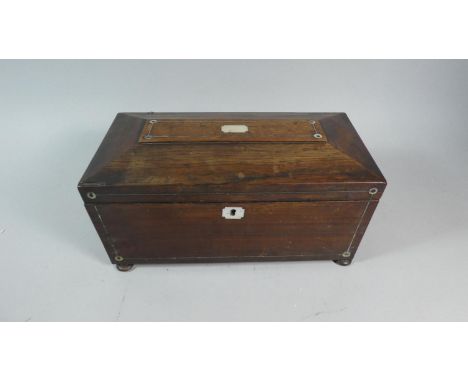 A Mid 19th Century Sarcophagus Shaped Rosewood Tea Caddy for Restoration, Mother of Pearl Inlay, Two Teaboxes But Missing Bow