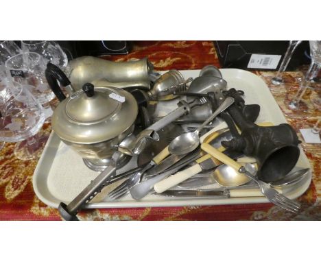 A Tray Containing Vintage Mincer, Two Handled Silver Plated Cutlery, Coffee Pot and Teapot etc 