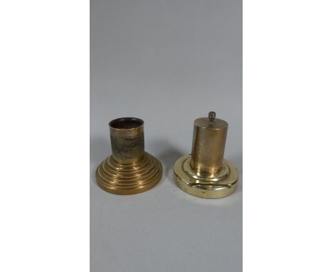 A Heavy Brass Edwardian Cylindrical Table Lighter Together with a Circular Brass Match Striker with Stepped Base, 10cm High 