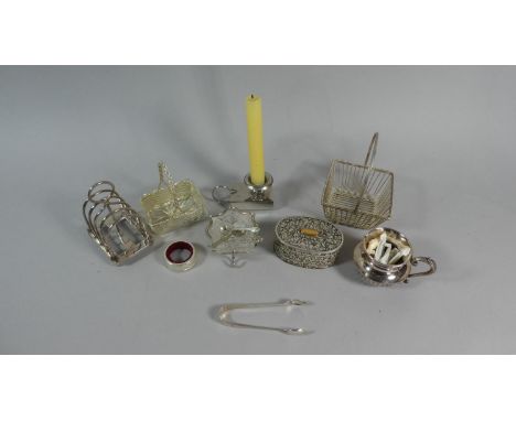 A Tray of Silver and Silver Plate to Include Bedchamber Stick with Incorporated Matchbox Holder, Toast Rack, Baskets, Oval Bo