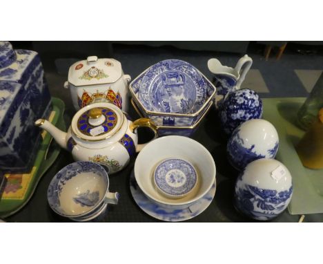 A Collection of Various Blue and White Bowls, Eggs, Cups Together with Coronation Tea Caddy and Teapot 
