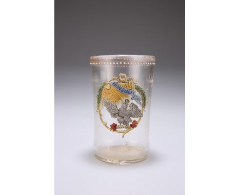 A SAXON ENAMEL PAINTED GLASS BEAKER, late 18th / early 19th Century, cylindrical, painted to one side with a coat of arms of 