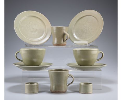 A GROUP OF LEACH POTTERY CELADON TABLE WARES, comprising four bowls, four tea cups and five saucers, two mugs, five egg cups 