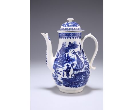 A WORCESTER COFFEE POT, CIRCA 1775-90, pear-shaped, blue printed with the Fisherman and Cormorant pattern, disguised numeral 