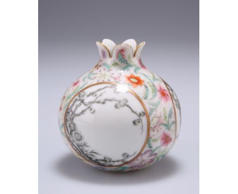 A CHINESE FAMILLE ROSE 'POMEGRANATE' VASE, decorated en grisaille to three circular reserves with prunus blossom, the ground 