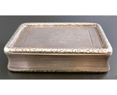 A George III heavy gauge silver snuff box, inscribed, William Sumner, Birmingham 1826, 4.9 ozt, 8 cm wide