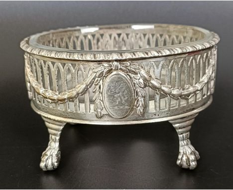 A George III silver pierced table salt, crested, London 1773, 3.4 ozt, 9 cm wide