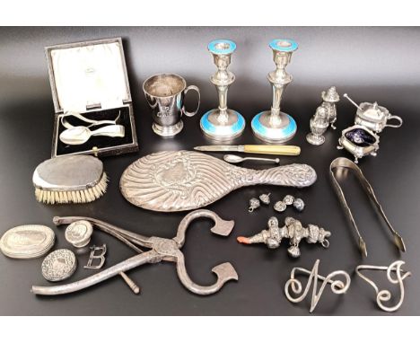 A pair of George V silver and blue enamel candlesticks, bases filled, 14 cm high, and assorted silver and silver plated items