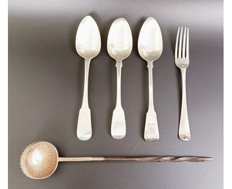 Three silver fiddle pattern serving spoons, and Old English pattern fork, various dates and marks, 8.5 ozt and a toddy ladle,
