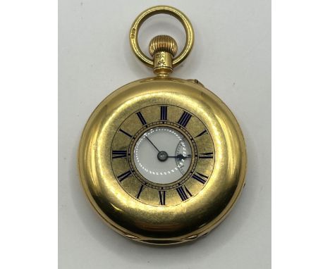 An 18ct gold and blue enamel half hunter pocket watch, S J Phillips, London, No 1136, 107 g (all in)outer case diameter: 50 m