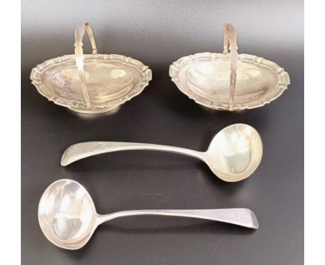 A silver Old English pattern sauce ladle, another, and a pair of swing handle baskets, various dates and marks, 7.3 ozt (4)