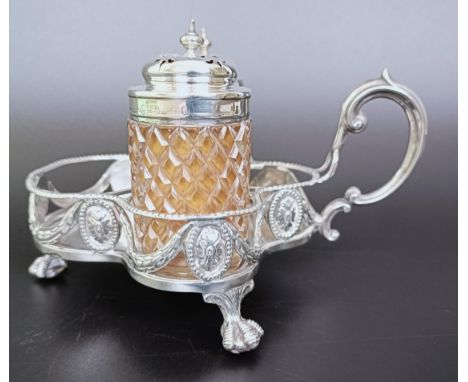 A Victorian silver cruet stand, London 1894, 6.53 ozt, and two silver mounted condiment jars (3)