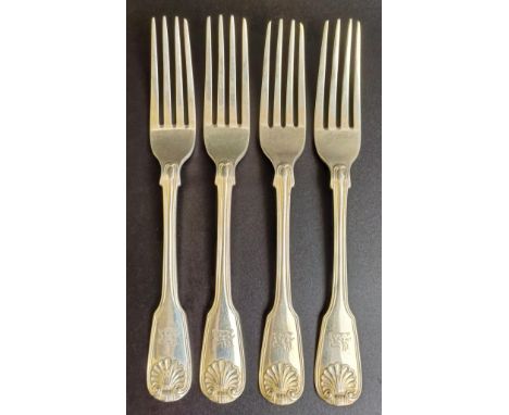 A set of four early Victorian silver fiddle, thread and shell pattern dessert forks, London 1842, 6.7 ozt (4)