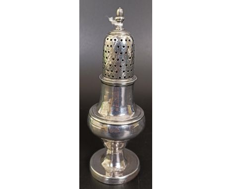 A George III silver caster, Hester Bateman, London 1783, 1.9 ozt, 13.5 cm highBase misshapen sits well but not completely fla