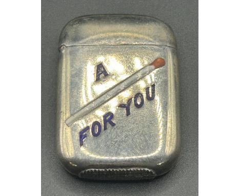A Victorian silver and enamel vesta case, A Match For You, inscribed, London 1886, 28.8 g (all in), 5 cm highProbably later e