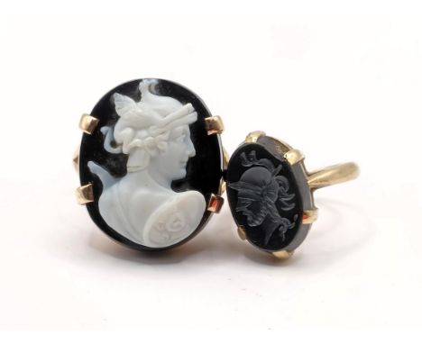 A yellow metal and cameo ring, ring size L, and a yellow metal and intaglio ring, ring size E (2)