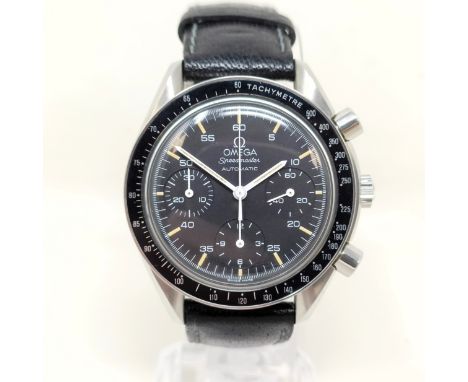 A gentleman's stainless steel Omega Speedmaster Automatic Chronograph wristwatch, on a leather strapNo box or paperwork prese