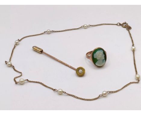 A 9ct gold and pearl necklace, a 9ct gold and cameo glass ring, and a 9ct gold and opal stick pin (3)