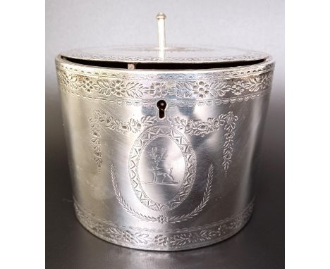 A Victorian silver oval tea caddy, with engraved decoration, London 1856, 11.6 ozt, 11 cm wideCreases to the body, dent to on