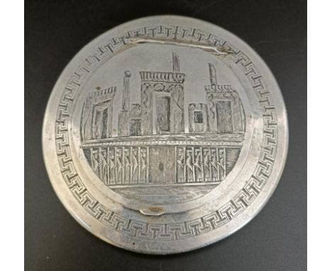 An Iraqi silver coloured metal compact, with niello decoration, 9 cm diameter3.36 ozt