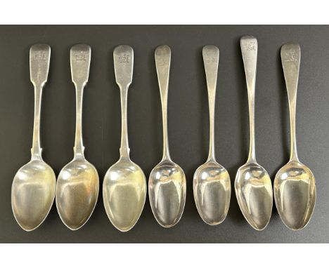 Four silver Old English pattern dessertspoons, and three fiddle pattern dessertspoons, various dates and marks, 6.9 ozt (7)