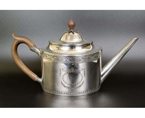 A George III Scottish silver teapot, with bright cut decoration,&nbsp;monogrammed,&nbsp; Edinburgh 1794, 19.6 ozt (all in), 1