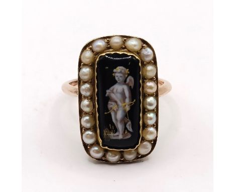 A mourning ring, with black enamel plaque, decorated putti, surrounded by seed pearls, ring size Nring size: Nnot hallmarkedp