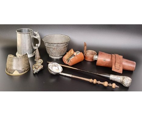 A set of hunting cups, in a leather case, a flask, a toddy ladle, and assorted other items (box)