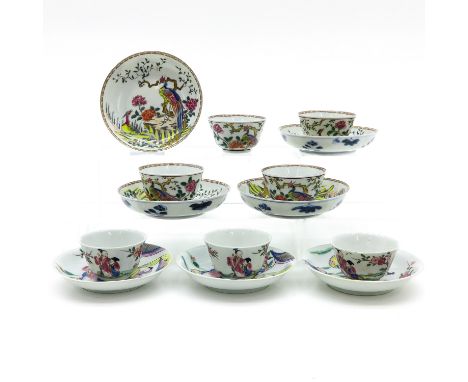 Including 7 cups and 7 saucers, largest saucer is 12 cm. in diameter, chip and hairline. 