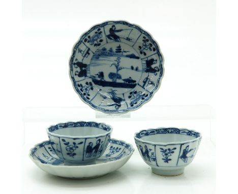 Depicting alternating scenes with Chinese people and flowers, saucers are 11 cm. in diameter, chip and hairline.
