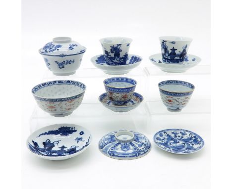 Including cups, lidded cups, saucers, and bowls, in diverse conditions.