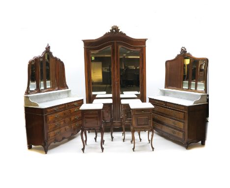Bedroom sets include bed, marble top mirrored commode, 2 night stands, and armoire.