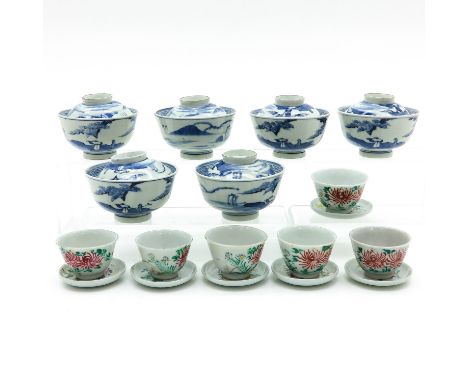 Including cups, saucers, and covers, 24 pieces, largest cups are 11 cm. in diameter, in diverse conditions.