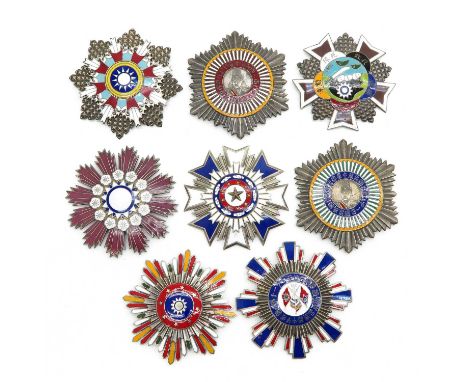 8 items in pewter and enamel, marked with Chinese text on back, 9 cm. in diameter.