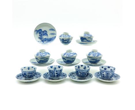 23 pieces, including cups, saucers, and covers, largest saucer is 15 cm. in diameter, in diverse conditions. 
