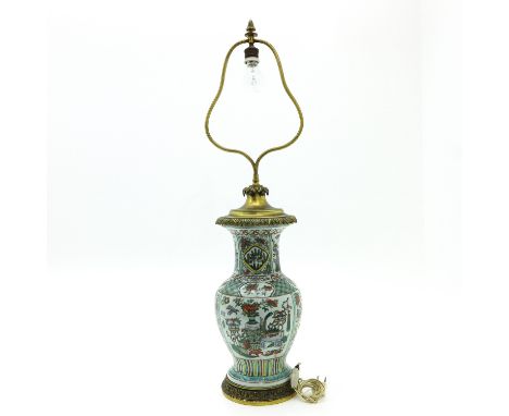 Depicting scene with vases and flowers, 94 cm. tall to finial.