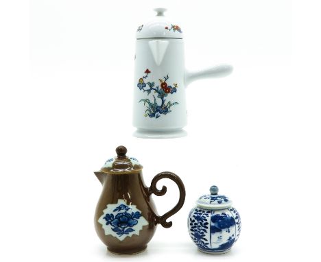 Teapot, Coffee Pot and Covered Jar, tallest is 19 cm.