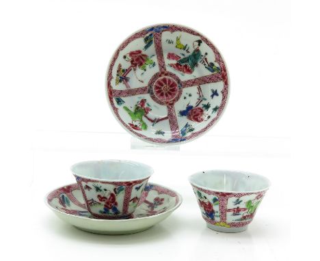 Famille Rose enamels depicting Chinese people in garden with animals, saucers are 11 cm. in diameter, with restoration.